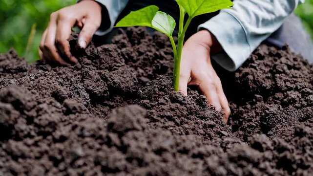 Child planting a young green sapling in soil, close-up of hands covered with earth, concept of sustainability, growth and reforestation, natural blurred background