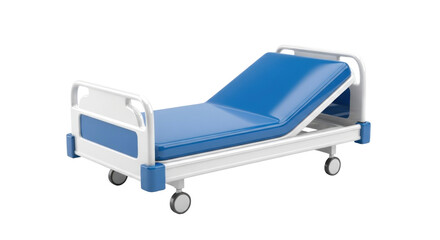 Modern Hospital Bed with Blue Mattress and Wheels Isolated on White
