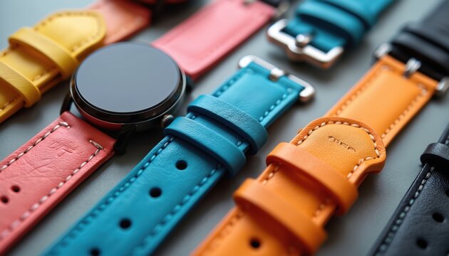 Assortment of colorful leather watch straps arranged with smartwatch. Straps feature various vibrant hues like yellow, coral, turquoise, orange, black. Includes metal buckles, stitching details.