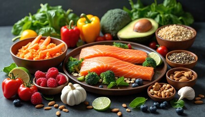 Raw salmon fillets with broccoli sit beside bowls of berries carrots nuts and other fresh produce making a vibrant display of healthy eating ingredients. Fresh meal prep.