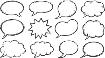 Fototapeta premium Nine hand drawn black outline speech bubbles in various shapes