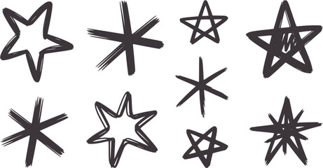 Fototapeta premium Nine hand drawn black star shapes in various styles