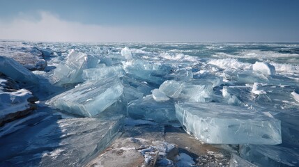 Jagged ice blocks piled on a frozen shoreline with choppy water in background winter