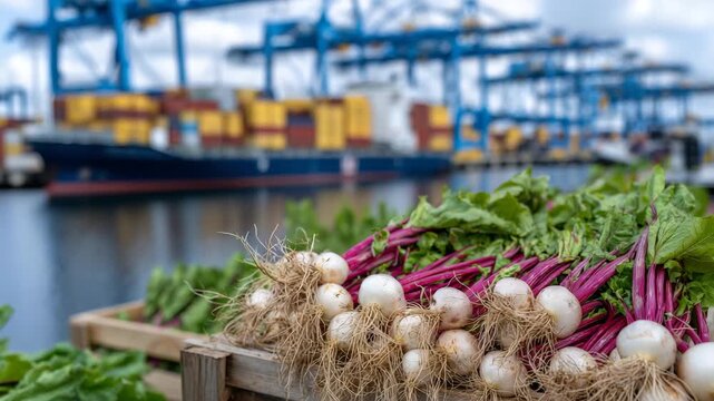 129Close-up dockside scene of vegetables packed for export, textures of leaves and roots sharply visible, port cranes and cargo ship out of focus behind, international logistics symbo