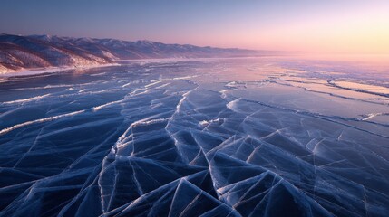 Cracked blue ice surface on frozen lake with distant snow covered mountains at sunset winter nature