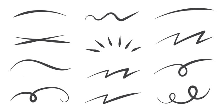 Squiggle brush scribble underline. Marker pen emphasis highlight swoosh stroke. Vector swoosh brush underline set for accent, marker emphasis squiggle element. Vector illustration