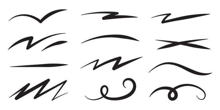 A set of strikethrough underlines. Black brush stroke underline. Marker pen highlight stroke. Vector swoosh brush underline set for accent, marker emphasis element. EPS 10.