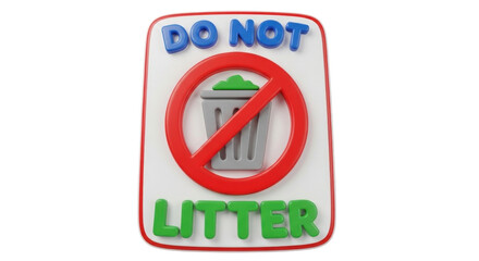 3D "Do Not Litter" Sign with Trash Can Symbol and Red Prohibition Circle