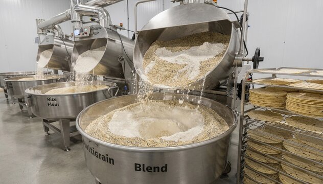 View of glutenfree tortilla production area focusing on machinery blending rice flour cassava and multigrain flour for healthy allergenfree wraps.