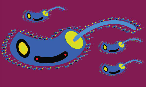 blue and yellow, big and small art object on red background