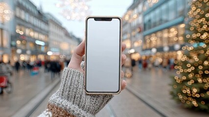 Hand in cozy winter attire holding a blank-screen smartphone, ready for your message, against a blurred backdrop of a festive urban street illuminated with holiday lights