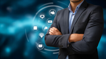 Business professional standing before digital background faceless, icons representing technology, social media and internet network connection, blue circular wave background defocu