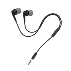 Modern gray wired earphones with a black cable isolated on a black background