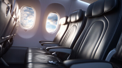 The seats of an airplane are black leather