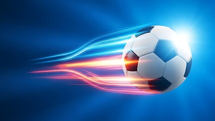 Fototapeta premium Soccer ball with light trails on blue background, motion blur
