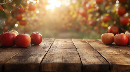 Fresh red apples placed on rustic wooden table with apple orchard background under warm sunrise light, perfect for food advertising, wellness branding, organic product packaging