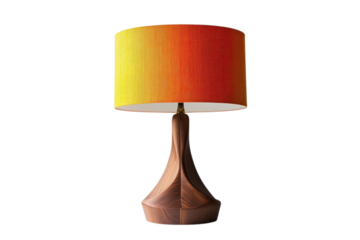 Mid-century modern table lamp with vibrant orange and yellow gradient shade in warm cozy lighting for home decor isolated on transparent background