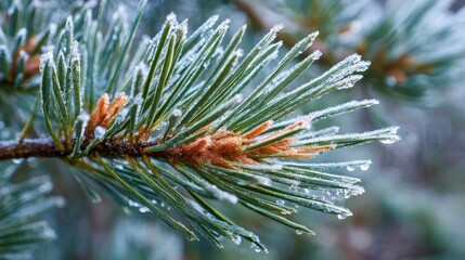 Close up of pine needles covered in frost and water droplets image