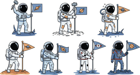Cartoon astronauts planting flags, exploring space, wearing colorful suits, celebrating discovery, teamwork, and adventure on alien terrain in vector illustration style © KanonRani art
