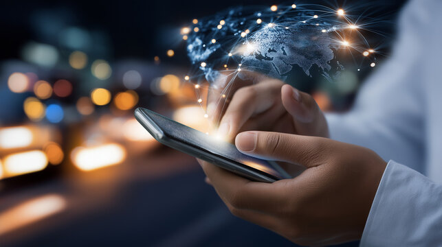 Hand using smartphone faceless, digital technology data communication network, telecommunication concept, mobile connectivity, defocused background, with copy space - Powered by Adobe