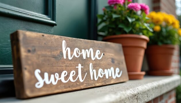 Rustic wooden sign saying home sweet home rests on porch ledge. Decorative flower pots with vibrant blooms sit nearby. Natural daylight illuminates welcoming entryway scene, creating cozy atmosphere.