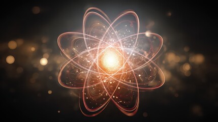 Abstract Atomic Structure Illustration In Orange And Yellow With Glowing Particles On Dark Background