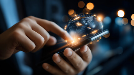 Hand using smartphone faceless, digital technology data communication network, telecommunication concept, mobile connectivity visualization, defocused background, with copy space