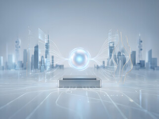 Futuristic cityscape with glowing orb and sleek technology