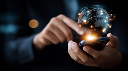 Hand using smartphone faceless, digital technology data communication network, telecommunication concept, mobile connectivity visualization, defocused background, with copy space