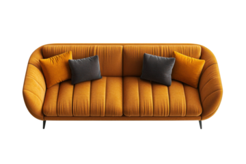 Modern orange sofa with gray pillows in vibrant warm lighting on white background for furniture catalog isolated on transparent background