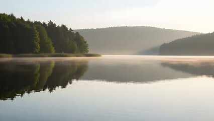 Fototapeta premium Serene lake surrounded by lush forest and rolling hills at dawn with misty atmosphere