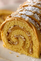 Pumpkin roll cake slice dressed with powdered sugar and caramel icing, revealing a sweet pecan and spice filling