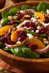 Healthy spinach salad with mandarin oranges, cranberries, walnuts, feta cheese, and red onion in a wooden bowl