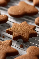 Star shaped gingerbread cookie cooling on a metal rack, baking sweet festive christmas holiday treats for dessert