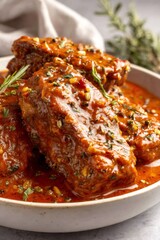 Braising short ribs simmering in a rich savory sauce, garnished with fresh rosemary, creating a hearty gourmet dinner entree