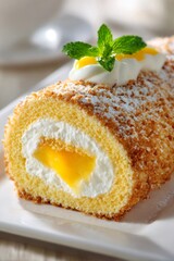 Delicious swiss roll cake with whipped cream, mango filling, powdered sugar, and fresh mint on a plate