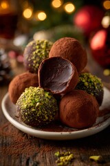 Gourmet chocolate truffles with cocoa powder and crushed pistachios, a delightful holiday dessert