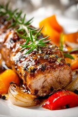Glazed roasted pork loin serving with fresh rosemary, colorful bell peppers, and onions for a gourmet dinner