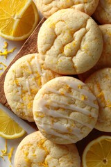 Zesty lemon cookies topped with white icing and yellow citrus zest, presenting a homemade sweet treat