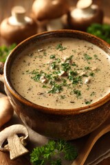 Creamy mushroom soup in a rustic bowl with fresh parsley and ground pepper, serving a warm, cozy meal