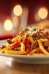Fresh pasta dish with bolognese sauce, grated parmesan cheese, red bell peppers, and parsley, preparing for dinner