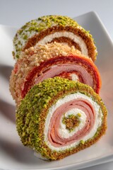 Savory ham and cheese rolls with crumbled pistachio and peanut toppings for gourmet appetizers