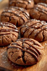 Chocolate cookies with flaky sea salt and a sweet chocolate drizzle, positioned closely on a wooden surface