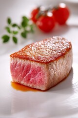 Prime beef steak, seared and rare, serving a gourmet meal with fresh cherry tomatoes and herbs