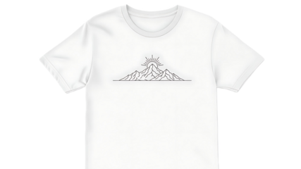White T-Shirt with a Minimalist Line Art Design of a Mountain Range and Rising Sun for Adventure and Nature Themes

