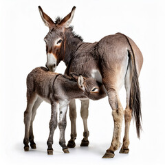 Obraz premium donkey, breastfeed, animal, farm, mammal, animals, nature, grass, baby, brown, mule, head, field, livestock, rural, domestic, white, agriculture, fur, burro, wild, young, donkeys, mother, white