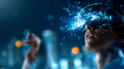 Holographic cyber futurism visualization, digital face projection, advanced technology concept, virtual reality, defocused background, with copy space