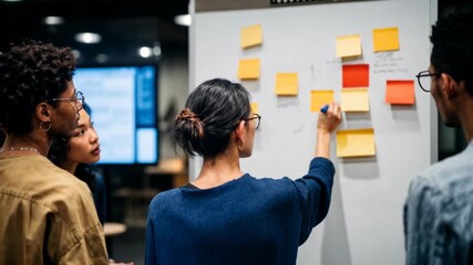 Creative team in a modern office organizing ideas on a wall of sticky notes, planning strategy, sprint tasks and product roadmap during an energetic brainstorming session