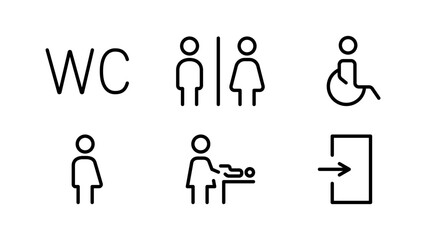 A linear set of toilet icons. Disabled person, man, woman, mother and child room, baby swaddling, exit, gender neutral sign, pictogram. Editable vector icons