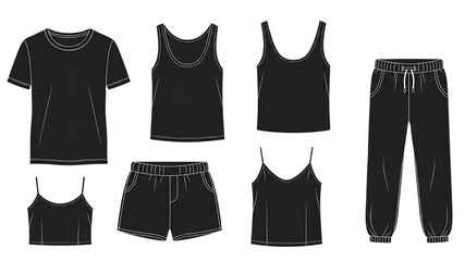 Line Art Mockup of Black Activewear Set &ndash; T-Shirt, Tank, Shorts, Joggers.png


